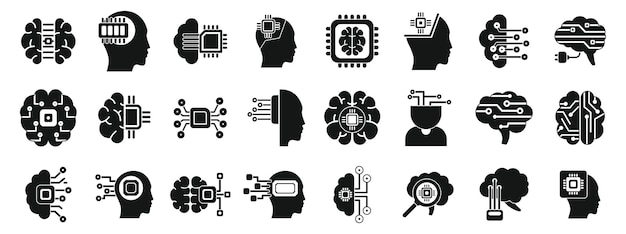 Brain implant icons set Artificial intelligence icon set showing brain and microchip