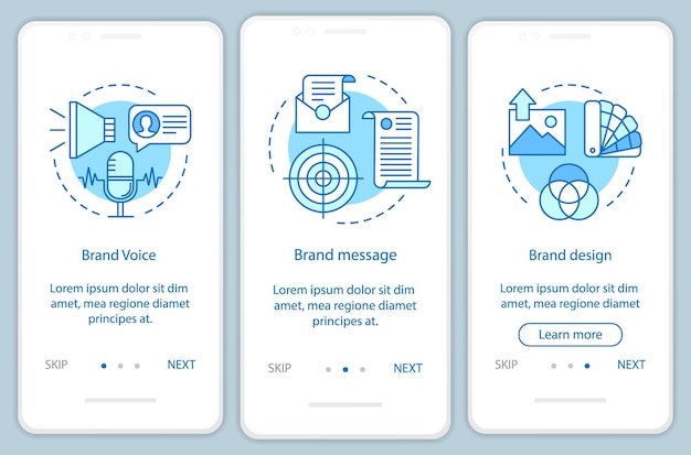 Branding elements onboarding mobile app page screen vector template. Brand voice. Walkthrough website steps with linear illustration. Brand message and design. UX, UI, GUI smartphone interface concept