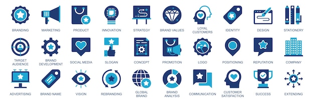 Branding icon set in flat duotone solid icons web design Pack pictograms with marketing strategy brand values loyal customers identity target audience social media other Vector illustration