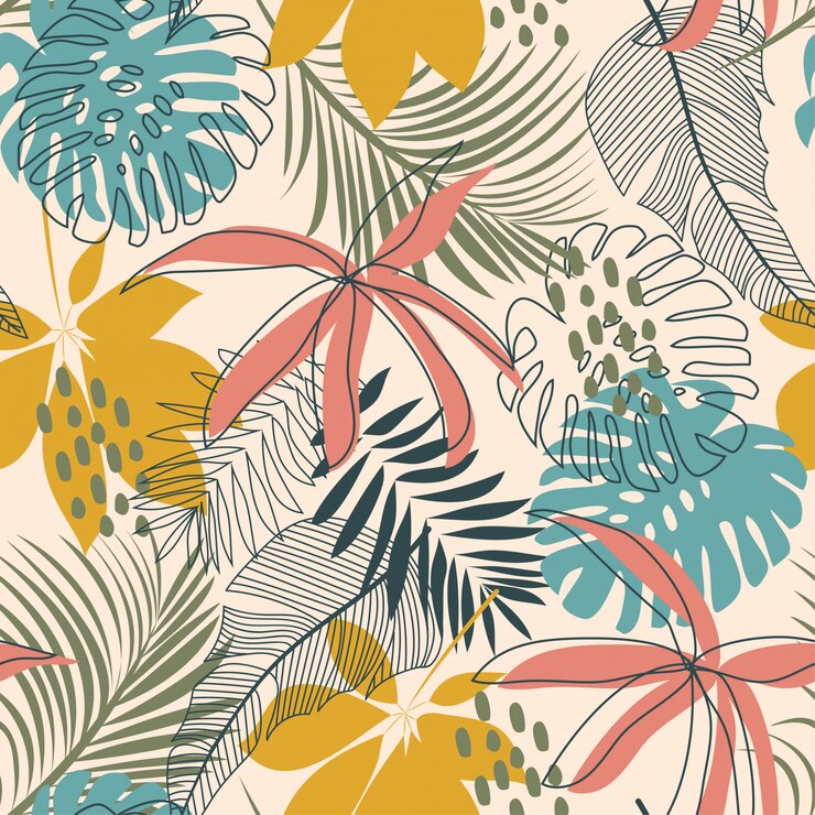 Vector bright abstract seamless pattern with colorful tropical leaves and plants on delicate 