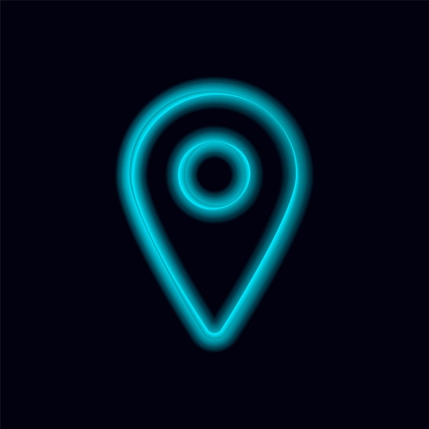 Bright blue neon pin icon with circular center symbolizes digital navigation and precise location