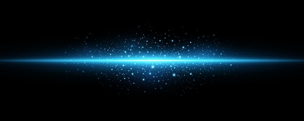 bright explosion on the horizon into space with flying glowing particles isolated on black background blue big beam with sparks light effect vector illustration