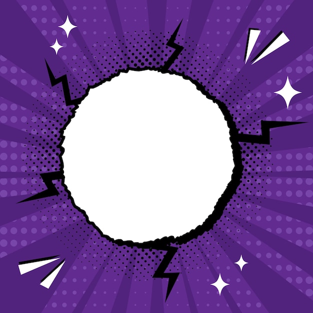 Bright pop art comic cover with crack torn paper circle with copy space