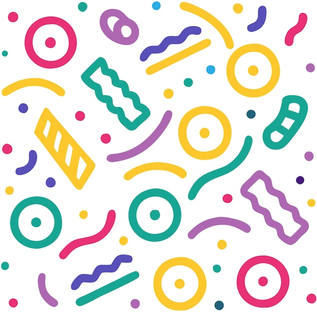 Brightly colored handdrawn abstract shapes in a playful pattern on a white background