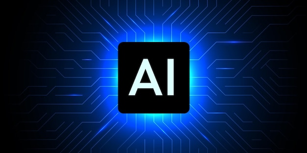 Brightly glowing ai chip on circuit board technology background cpu processor on tech bg computer