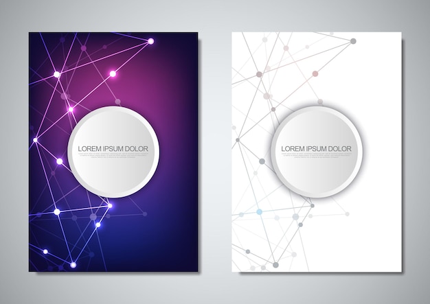 Brochure template or cover design. Digital technology with plexus background and space for your text. Geometric abstract background of connecting dots and lines.