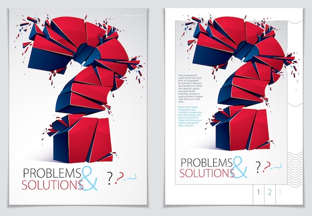 Broken Question Mark exploding brochure or flyer design, Query breaking to pieces, vector 3d realistic illustration. Special character conceptual symbol, doubt, difficulty, FAQ and support concept.