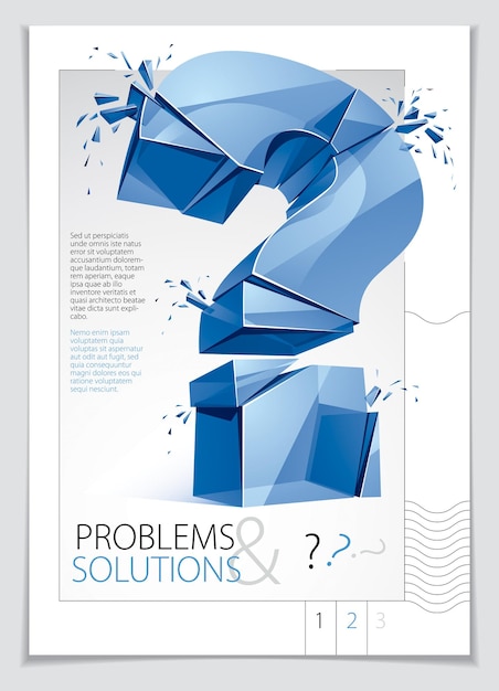 Broken Question Mark exploding brochure or flyer design, Query breaking to pieces, vector 3d realistic illustration. Special character conceptual symbol, doubt, difficulty, FAQ and support concept.