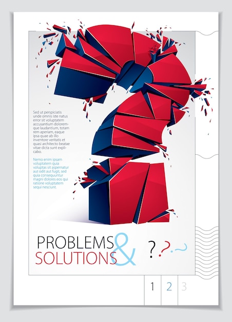 Broken Question Mark exploding brochure or flyer design, Query breaking to pieces, vector 3d realistic illustration. Special character conceptual symbol, doubt, difficulty, FAQ and support concept.