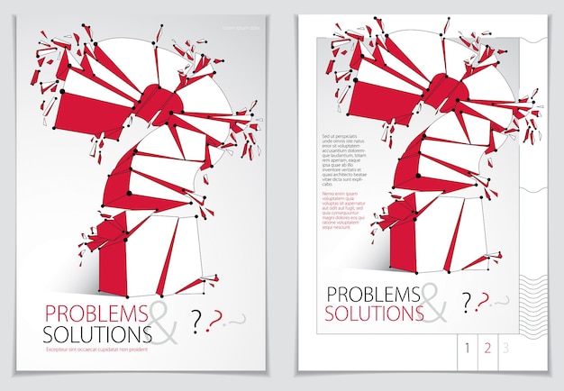 Broken Question Mark exploding brochure or flyer design, Query breaking to pieces, vector 3d realistic illustration. Special character conceptual symbol, doubt, difficulty, FAQ and support concept.
