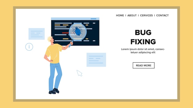 Bug Fixing Software And Application Service Vector. Developer Engineer Testing, Search Errors And Bug Fixing. Character Analysis And Fix Program Or App Web Flat Cartoon Illustration