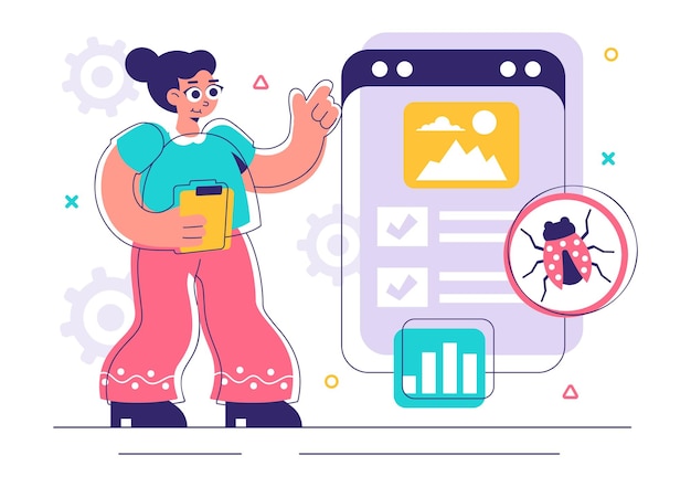 bugs tracking tool vector illustration featuring mobile phone protection from computer viruses in a website security flat style cartoon background