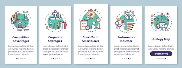 Building company onboarding mobile app page screen with concepts. Smart goal. Entrepreneurship walkthrough 5 steps graphic instructions. UI vector template with RGB color illustrations