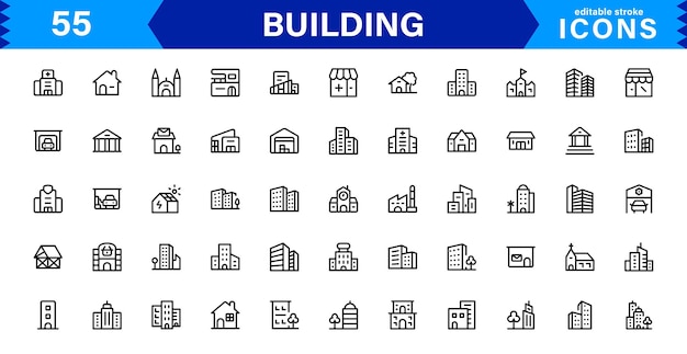 Building Icon Set Representing Construction Architecture Tools Blueprints and Urban Development in Simple DownloadReady Vector Format
