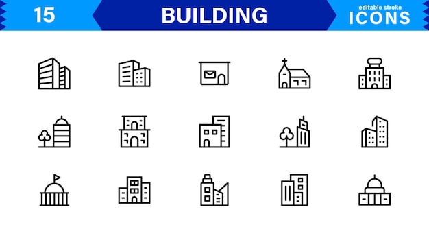 Building Icon Set Representing Construction Architecture Tools Blueprints and Urban Development in Simple DownloadReady Vector Format