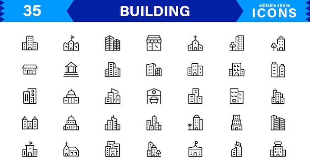 Building Icon Set Representing Construction Architecture Tools Blueprints and Urban Development in Simple DownloadReady Vector Format