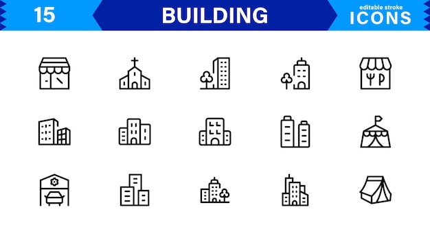 Building Icon Set Representing Construction Architecture Tools Blueprints and Urban Development in Simple DownloadReady Vector Format