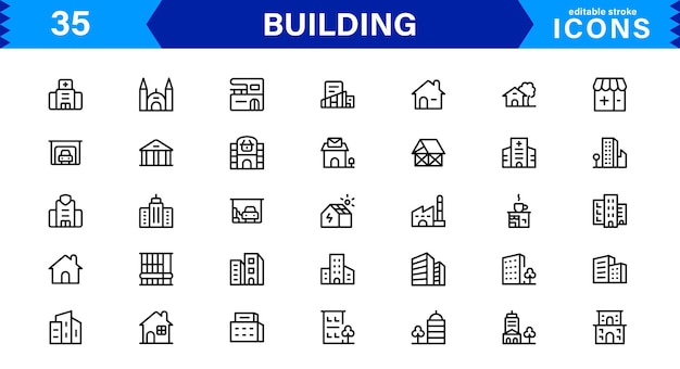 Building Icon Set Representing Construction Architecture Tools Blueprints and Urban Development in Simple DownloadReady Vector Format