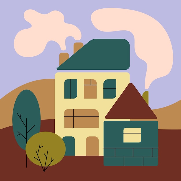 Building Landscape with two houses smoke from a chimney and trees Cartoon color illustration