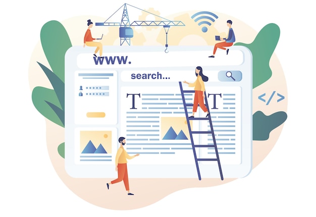 Building webpage Tiny people design website interface Web design concept Software development