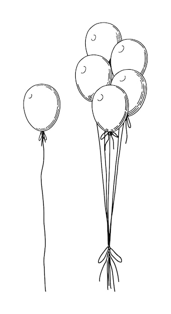 Bunch of balloons hand drawn vector illustration Celebration party holidays decor outline cliparts isolated on white background