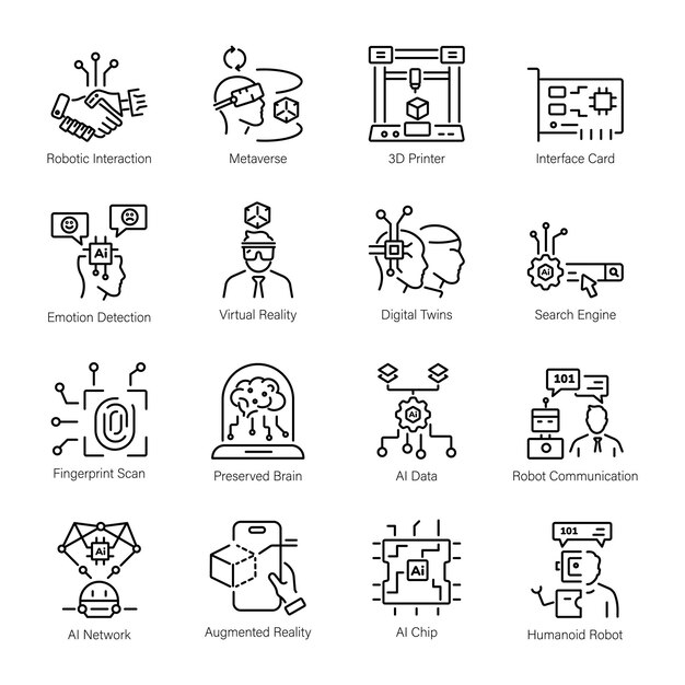 Bundle of 16 AI Technology Linear Icons