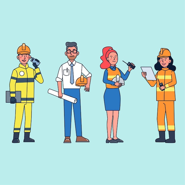 Bundle of  characters People in various occupations such as firefighter, project supervisor, foreman. flat illustration