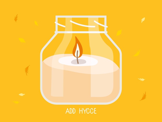 Burning candle in glass jar isolated on orange background. Burning candle. Add hygge. Aromatherapy