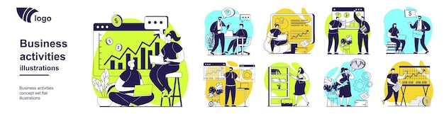 Business activities concept set for web design Collection with people analyzing data graph doing work tasks developing project and communicating creating success strategy Vector illustration