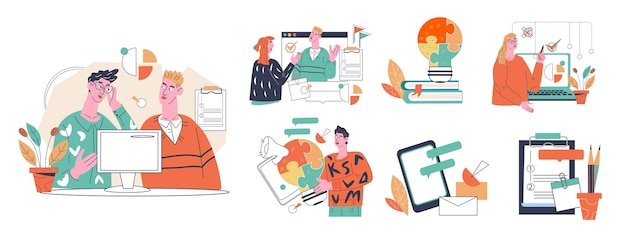 business administration and management scenes set colleagues working