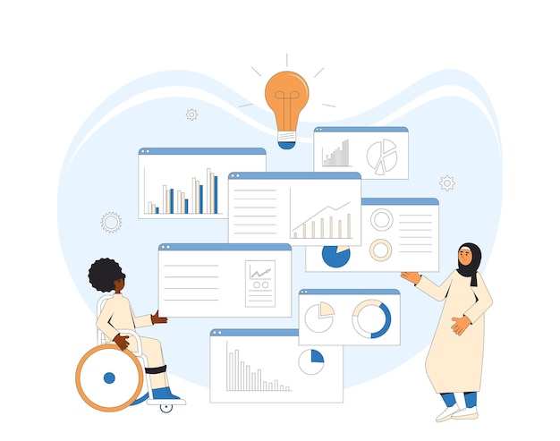 Business analyst concept Characters with schemes and diagrams Female male financial consultants