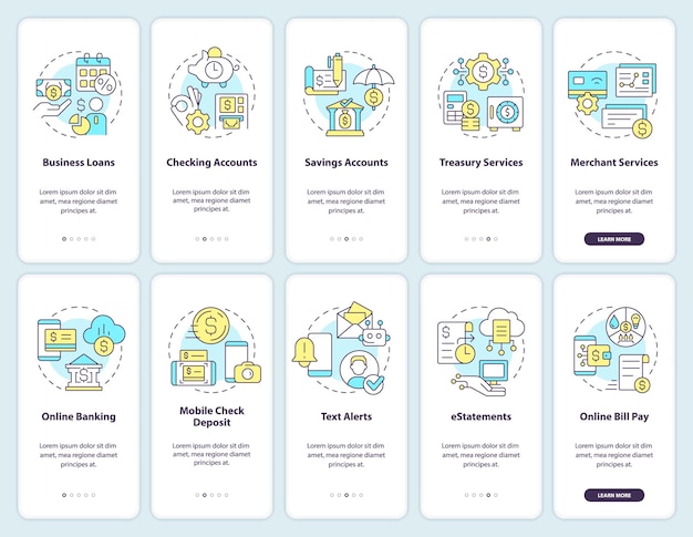 business banking and digitization onboarding mobile app screen set