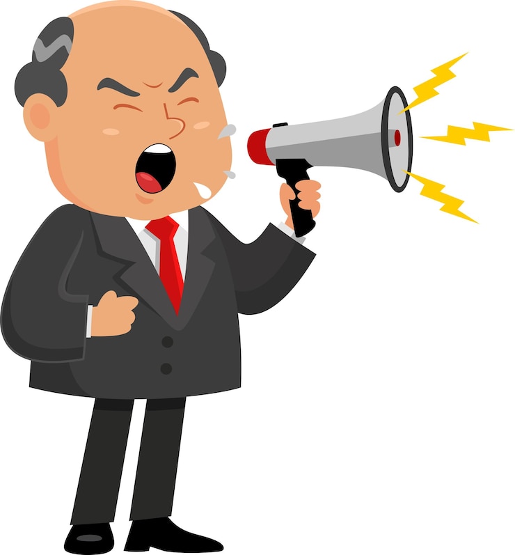 Vector business boss man cartoon character screaming into megaphone