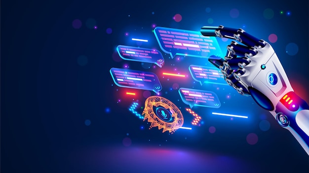 Business chatGPT programming development Robot chatbot holds chat bubble in hand Online virtual bot with AI selects answer options in messenger or social networks AI chat bot chatting with customer