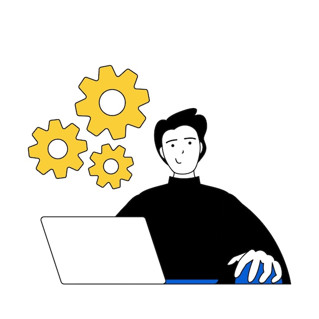 business concept with cartoon people in flat design for web man working at laptop makes ebusiness optimization planning strategy vector illustration for social media banner marketing material