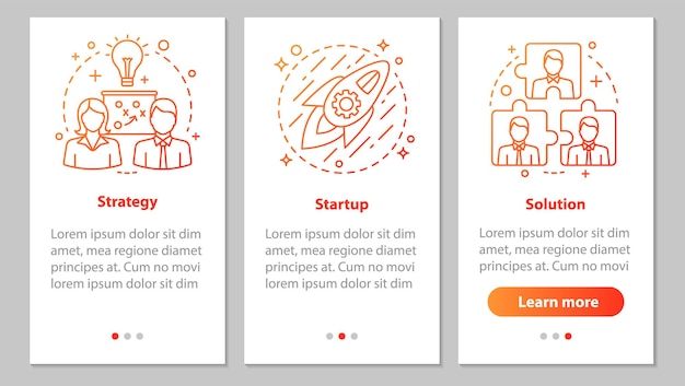Business development onboarding mobile app page screen with linear concepts Cooperation and interaction Strategy startup solution steps graphic instructions UX UI GUI vector illustrations