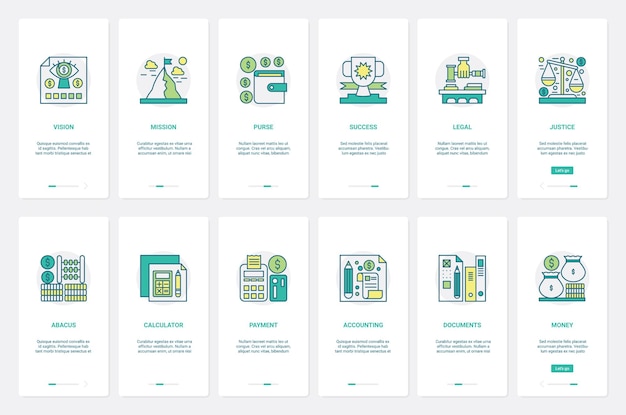 Business financial plan strategy accounting UX UI onboarding mobile app page screen set
