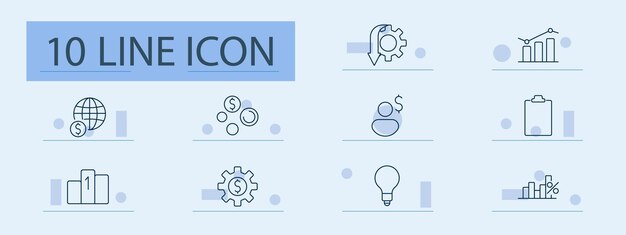 business growth set icon coins bar graph lightbulb gears podium globe strategy analytics profit clipboard