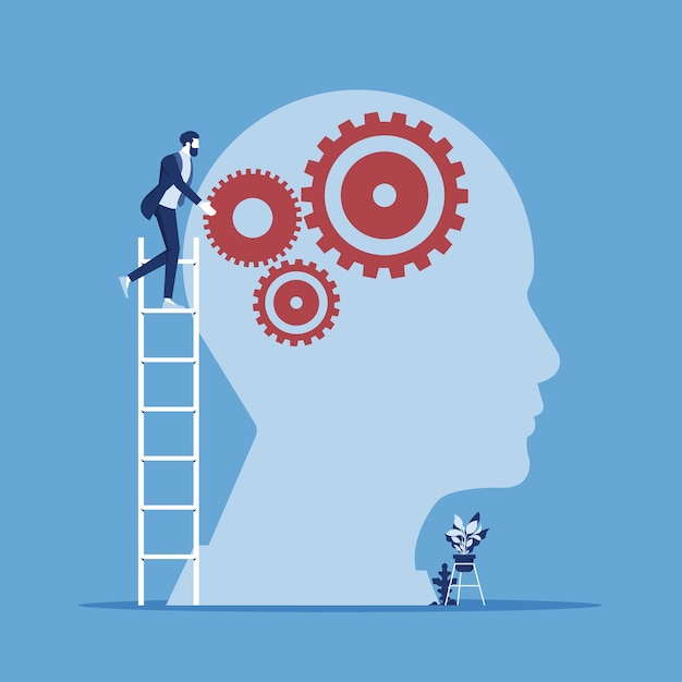 Business human brain and businessman put gears cogwheel idea connection teamwork mind control