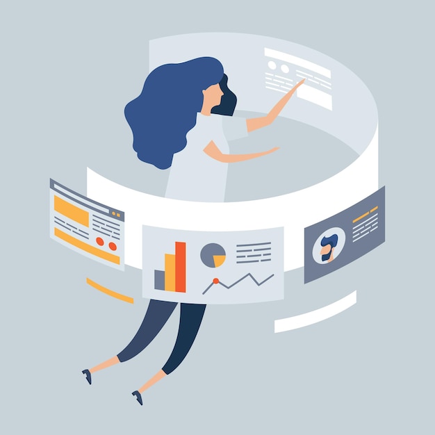 business illustration, girl designer freelancer develops business application