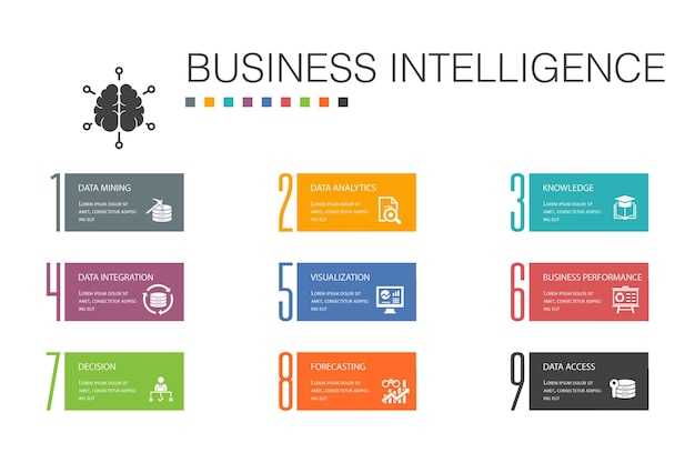 Business intelligence Infographic 10 option line concept.data mining, knowledge, visualization, decision simple icons