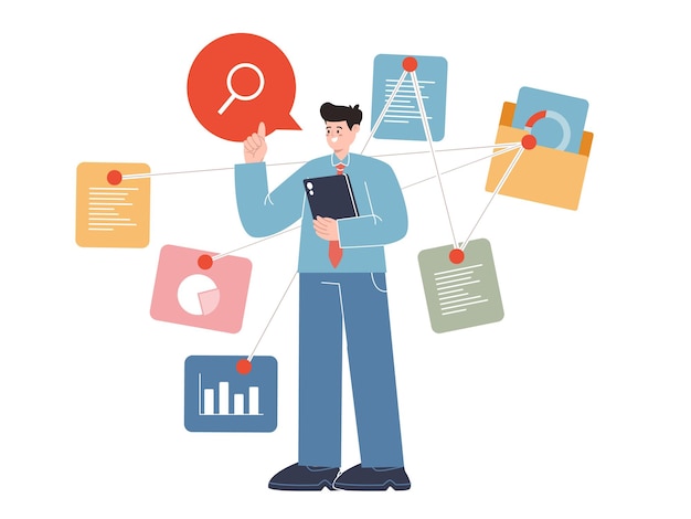 Business man collecting information data organize report data file folder paperwork research