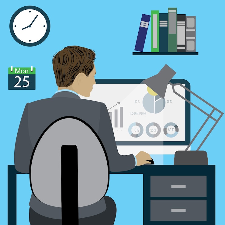 Vector business man or office worker sitting on chair at desk in the office back view vector illustration
