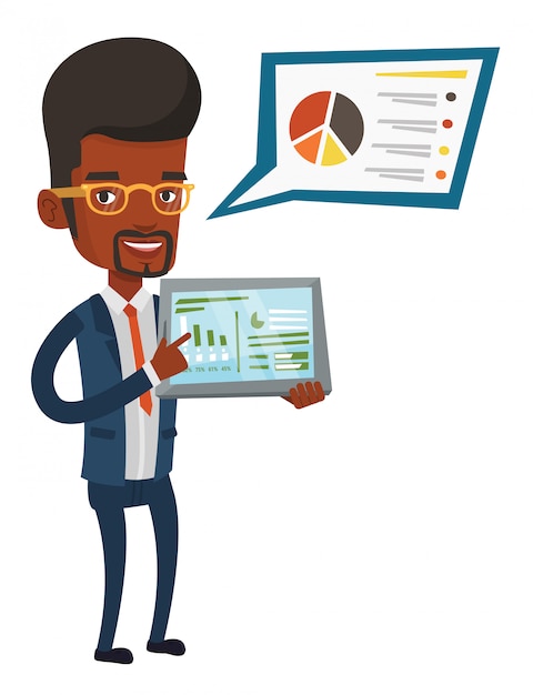 Business man presenting report on tablet computer.