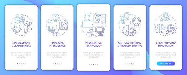 Business management skills blue gradient onboarding mobile app screen Walkthrough 5 steps graphic instructions pages with linear concepts UI UX GUI template Myriad ProBold Regular fonts used