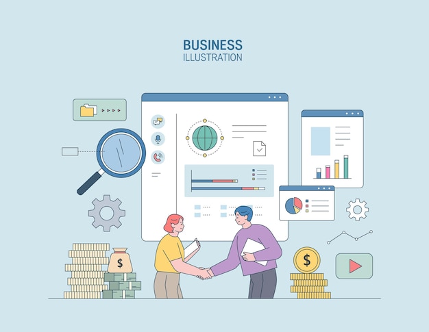 Business Marketing illustration men and women engaged in business