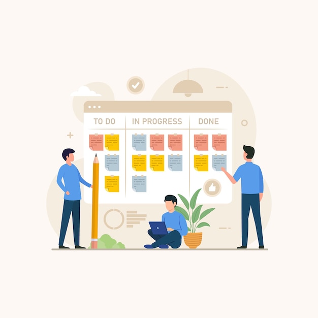 business people review project progress on kanban board vector illustration