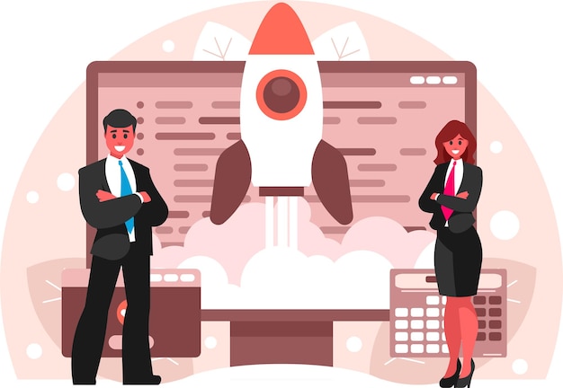 business people start a startup rocket launch from computer display