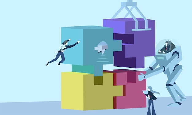 Business people using technology AI solving a cube puzzle block solving problems and solutions