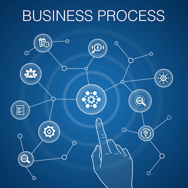 Business process concept blue background implement analyze development Processing icons